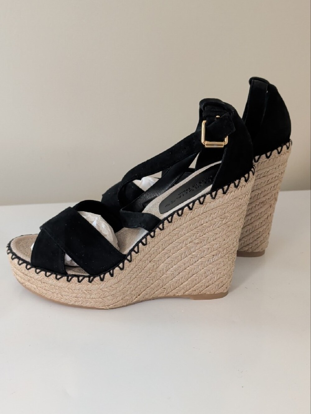 Club Monaco Black Suede Espadrille Wedge Sandals | Ankle Tie Platform Wedges NIB